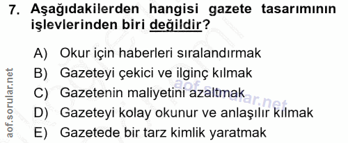 7. soru: Aşağıdakilerden hangisi gazete tasarımının işlevlerinden biri değildir? A) Okur için haberleri sıralandırmak B) Gazet…