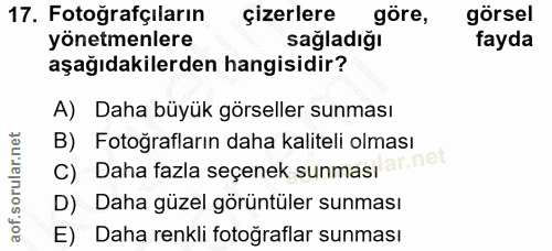 17. soru: Fotoğrafçıların çizerlere göre, görsel yönetmenlere sagladiğı fayda aşağıdakilerden hangisidir? A) Daha büyük görsell…