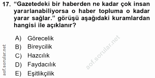 17. soru: "Gazetedeki bir haberden ne kadar çok insan yararlanabiliyorsa o haber topluma o kadar yarar sağlar." görüşü aşağıdak…