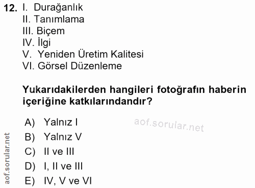 12. soru: I. Durağanlık II. Tanımlama IlI. Biçem IV. İlgi V. Yeniden Üretim Kalitesi VI. Görsel Düzenleme Yukarıdakilerden hang…