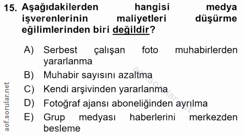 15. soru: Aşağıdakilerden hangisi medya işverenlerinin maliyetleri düşürme eğilimlerinden biri değildir? A) Serbest çalışan fot…