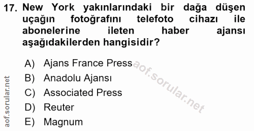 17. soru: New York yakınlarındaki bir dağa düşen uçağın fotoğrafını telefoto cihazı ile abonelerine ileten haber ajansı aşağıda…