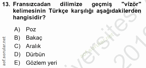 13. soru: Fransızcadan dilimize geçmiş "vizör" kelimesinin Türkçe karşılığı aşağıdakilerden hangisidir? A) Poz Bakaç C) Aralık…