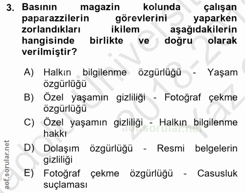 3. soru: Basının magazin kolunda çalişan paparazzilerin görevlerini yaparken zorlandıkları ikilem aşağıdakilerin hangisinde bi…