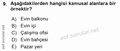 9. soru: Aşağıdakilerden hangisi kamusal alanlara bir örnektir? A) Evin balkonu B) Evin içi C) Çalışma ofisi D) Evin bahçesi E…
