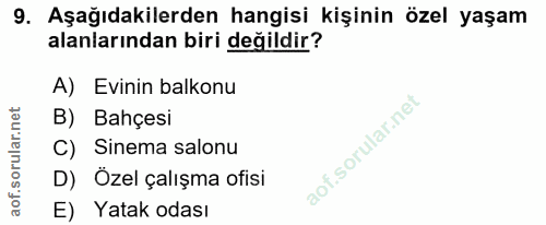 9. soru: Aşağıdakilerden hangisi kişinin özel yaşam alanlarından biri değildir? A) Evinin balkonu B) Bahçesi C) Sinema salonu…