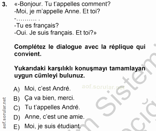 3. soru: «-Bonjour. Tu t'appelles comment? -Moi, je m'appelle Anne. Et toi? -Tu es français? -Oui. Je suis français. Et toi?»…