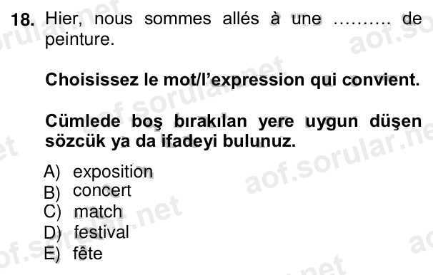 18. soru: Hier, nous sommes allés à une ………. de peinture. Choisissez le mot/l’expression qui convient. Cümlede boş bırakılan ye…