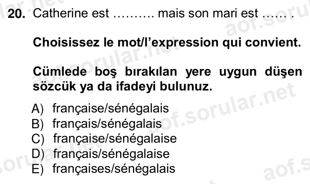 20. soru: Catherine est ………. mais son mari est …… . Choisissez le mot/l’expression qui convient. Cümlede boş bırakılan yere uyg…