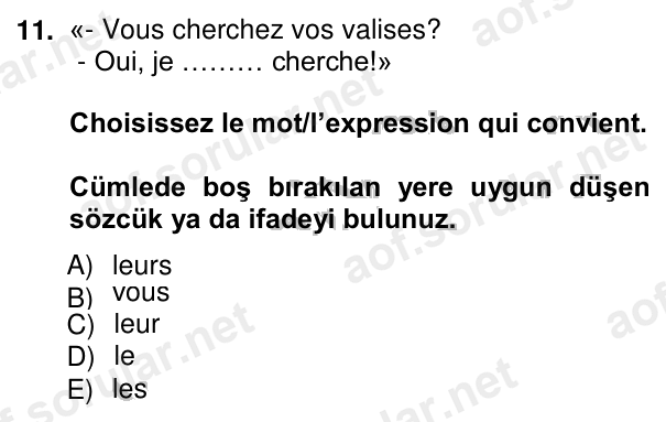 11. soru: «- Vous cherchez vos valises? - Oui, je ……… cherche!» Choisissez le mot/l’expression qui convient. Cümlede boş bırakı…