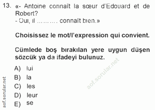 13. soru: «- Antoine connait la sœur d'Edouard et de Robert? - OuI, Il ..... connait bien.» Choisissez le mot/l'expression qui…