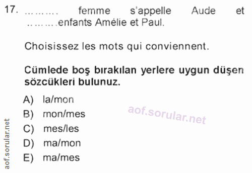 17. soru: femme s'appelle Aude et .........enfants Amélie et Paul. Choisissez les mots qui conviennent. Cümlede boş bırakılan y…