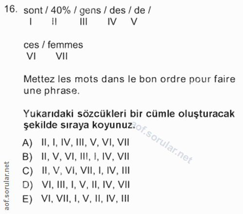 16. soru: sont / 40% / gens / des / de / ces / femmes VI VII Mettez les mots dans le bon ordre pour faire une phrase. Yukarıdak…