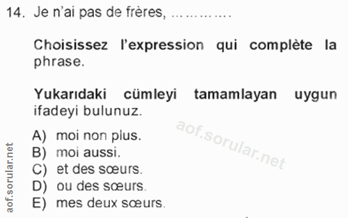 14. soru: Je n'ai pas de frères, Choisissez l'expression qui complète la phrase. Yukarıdaki cümleyi tamamlayan uygun ifadeyi bu…
