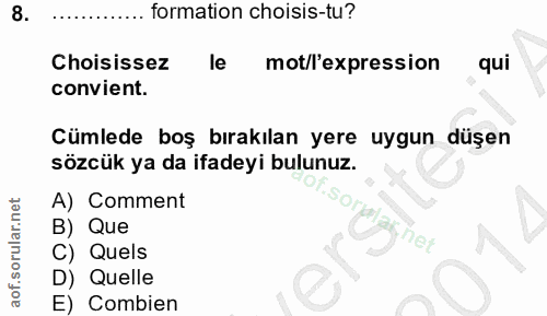 8. soru: formation choisis-tu? Choisissez le mot/l'expression qui convient. Cümlede boş bırakılan yere uygun düşen sözcük ya d…