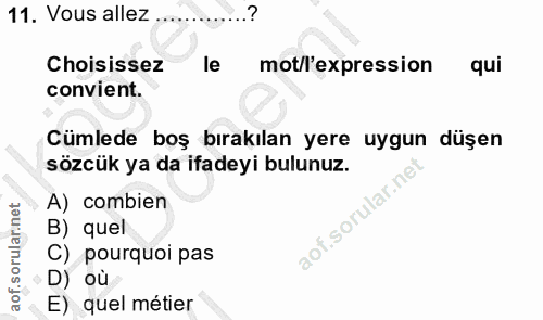 11. soru: Vous allez ... Choisissez le mot/l'expression qui convient. Cümlede boş bırakılan yere uygun düşen sözcük ya da ifade…