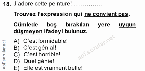 18. soru: J'adore cette peinture! Trouvez l'expression qui ne convient pas. Cumlede bos birakılan yere uygun düşmeyen ifadeyi b…