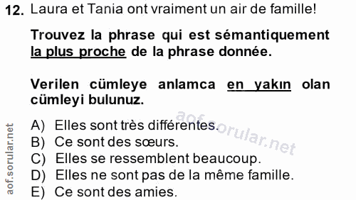 12. soru: Laura et Tania ont vraiment un air de famille! Trouvez la phrase qui est sémantiquement la plus proche de la phrase d…