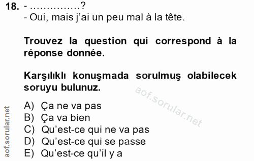 18. soru: - Oui, mais j'ai un peu mal à la tête. Trouvez la question qui correspond à la réponse donnée. Karşılıklı konuşmada s…