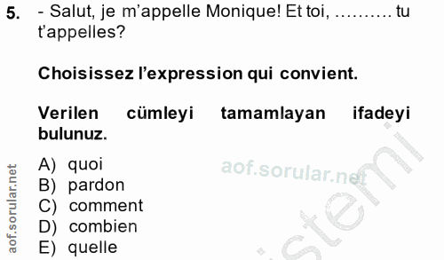 5. soru: - Salut, je m'appelle Monique! Et toi, .......... tu t'appelles? Choisissez l'expression qui convient. Verilen cümley…