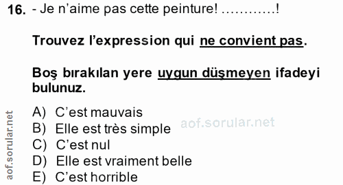 16. soru: - Je n'aime pas cette peinture! ............! Trouvez l'expression qui ne convient pas. Boş bırakılan yere uygun düşm…