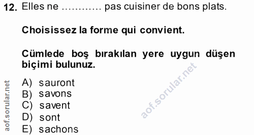 12. soru: Elles ne ........... pas cisiner de bons plats. Choisissez la forme qui convient. Cümlede boş bırakılan yere uygun dü…