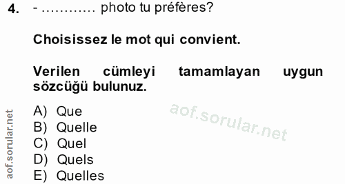 4. soru: - ......... photo tu préfères? Choisissez le mot qui convient. Verilen cümleyi tamamlayan uygun sözcüğü bulunuz. A) Q…