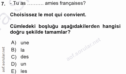 7. soru: - Tu as …..... amies françaises? Choisissez le mot qui convient. Cümledeki boşluğu aşağıdakilerden hangisi doğru şeki…