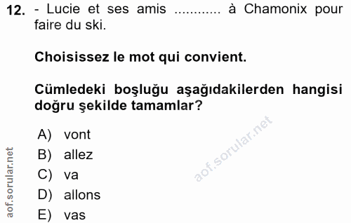 12. soru: - Lucie et ses amis . à Chamonix pour faire du ski. Choisissez le mot qui convient. Cümledeki boşluğu aşağıdakilerden…