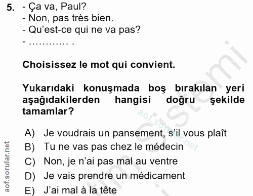 5. soru: - Ça va, Paul? - Non, pas très bien. - Qu'est-ce qui ne va pas? Choisissez le mot qui convient. Yukarıdaki konuşmada…