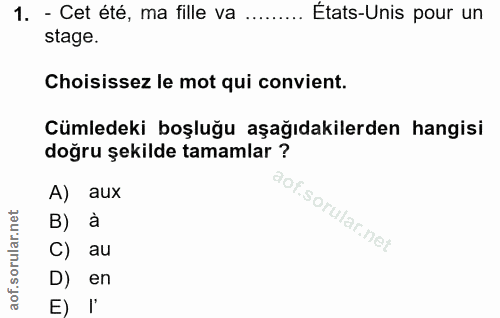 1. soru: - Cet été, ma fille va .......... États-Unis pour un stage. Choisissez le mot qui convient. Cümledeki boşluğu aşağıda…