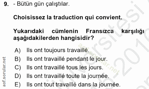 9. soru: - Bütün gün çalıştılar. Choisissez la traduction qui convient. Yukarıdaki cümlenin Fransızca karşılığı aşağıdakilerde…