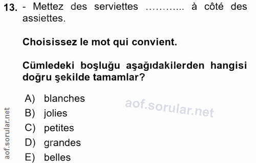 13. soru: - Mettez des serviettes à côté des assiettes. Choisissez le mot qui convient. Cümledeki boşluğu aşağıdakilerden hangi…
