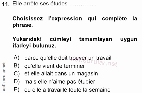 11. soru: Elle arrête ses études Choisissez l'expression qui complète la phrase. Yukarıdaki cümleyi tamamlayan uygun ifadeyi bu…