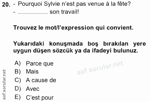 20. soru: - Pourquoi Sylvie n'est pas venue à la fête? ..... son travail! Trouvez le mot/l'expression qui convient. Yukarıdaki…
