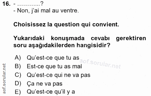 16. soru: - Non, j'ai mal au ventre. Choisissez la question qui convient. Yukarıdaki konuşmada cevabı gerektiren soru aşağıdaki…