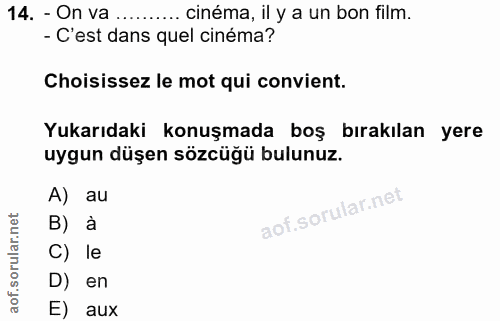 14. soru: - On va .... ..... cinéma, il y a un bon film. - C'est dans quel cinéma? Choisissez le mot qui convient. Yukarıdaki k…