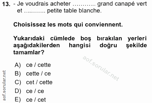 13. soru: - Je voudrais acheter ... ..... grand canapé vert et ....... petite table blanche. Choisissez les mots qui conviennen…
