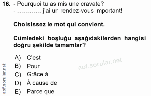 16. soru: - Pourquoi tu as mis une cravate? - ......... j'ai un rendez-vous important! Choisissez le mot qui convient. Cümledek…