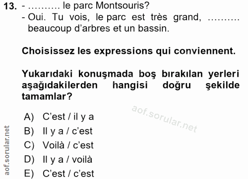 13. soru: .. le parc Montsouris? - Oui. Tu vois, le parc est très grand, beaucoup d'arbres et un bassin. Choisissez les express…
