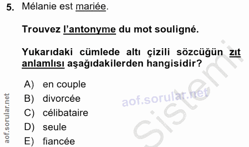 5. soru: Mélanie est mariée. Trouvez l'antonyme du mot souligné. Yukarıdaki cümlede altı çizili sözcüğün zıt anlamlısı aşağıda…
