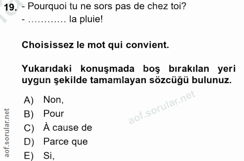 19. soru: - Pourquoi tu ne sors pas de chez toi? - ......... la pluie! Choisissez le mot qui convient. Yukarıdaki konuşmada boş…