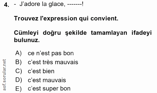 4. soru: - Jadore la glace, -- Trouvez l'expression qui convient. Cümleyi doğru şekilde tamamlayan ifadeyi bulunuz. A) ce n'es…