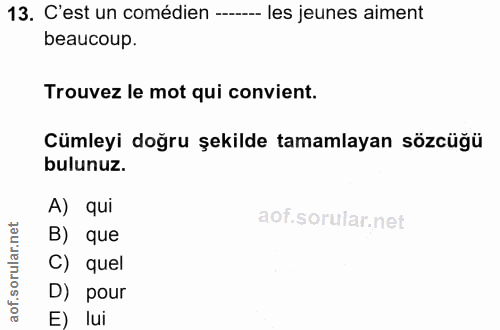 13. soru: C'est un comédien --.._ les jeunes aiment beaucoup. Trouvez le mot qui convient. Cümleyi doğru şekilde tamamlayan söz…