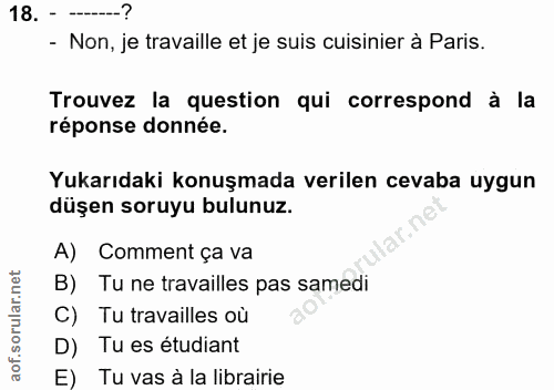 18. soru: --? - Non, je travaille et je suis cisinier à Paris. Trouvez la question qui correspond à la réponse donnée. Yukarıda…