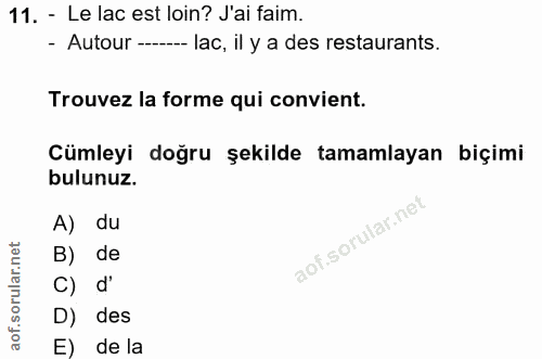 11. soru: - Le lac est loin? J'ai faim. - Autour ------ lac, il y a des restaurants. Trouvez la forme qui convient. Cümleyi doğ…