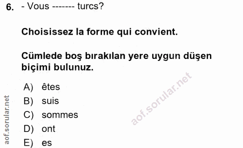 6. soru: - Vous --- turcs? Choisissez la forme qui convient. Cümlede boş bırakılan yere uygun düşen biçimi bulunuz. A) êtes ru…