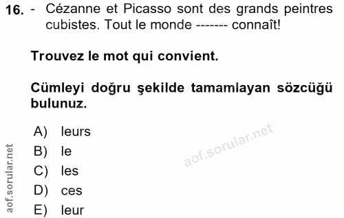 16. soru: - Cézanne et Picasso sont des grands peintres cubistes. Tout le monde --- connaît! Trouvez le mot qui convient. Cümle…