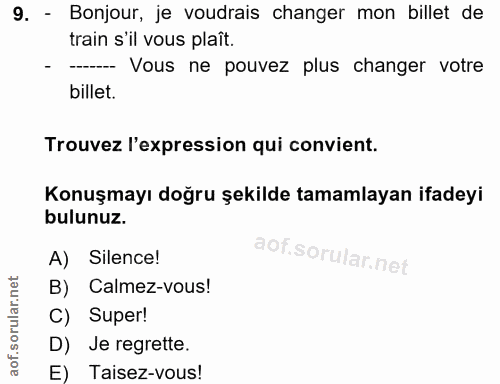 9. soru: - Bonjour, je voudrais changer mon billet de train s'il vous plaît. - --- Vous ne pouvez plus changer votre billet. T…