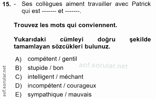 15. soru: - Ses collègues aiment travailler avec Patrick qui est ------ et Trouvez les mots qui conviennent. Yukarıdaki cümleyi…